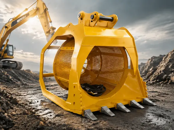 Gầu sàng quay máy xúc: Giúp quá trình xử lý vật liệu trở nên liền mạch
